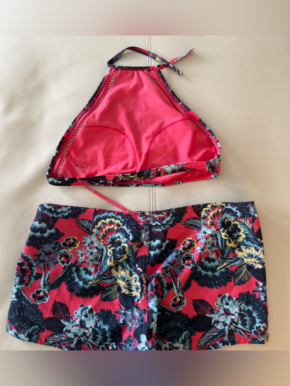 Roxy Pink & Navy Floral Halter Bikini short Set - Picture 2 of 8